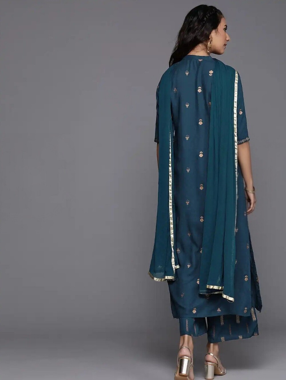 Libas Teal Blue Gold Printed Kurta Palazzo Dupatta Set Ethnic - Picture 5 of 7